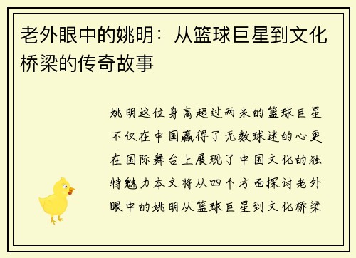 老外眼中的姚明：从篮球巨星到文化桥梁的传奇故事